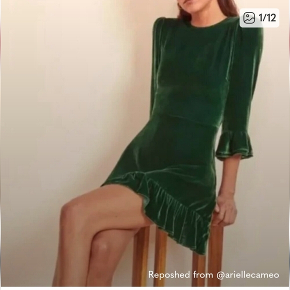 NWOT Reformation Mountain Emerald Green Velvet Mini Ruffle Holiday Dress, - Picture 2 of 14